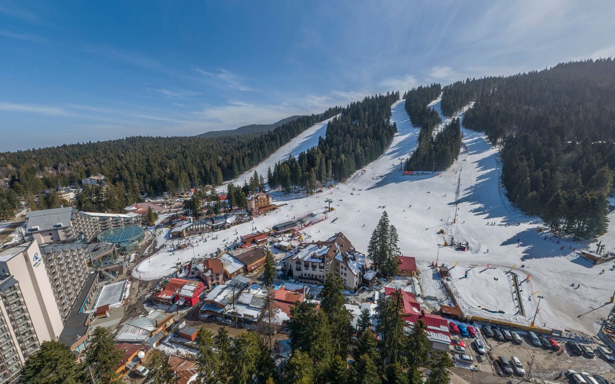 Aerial view of the Borovets slopes and resort in winter